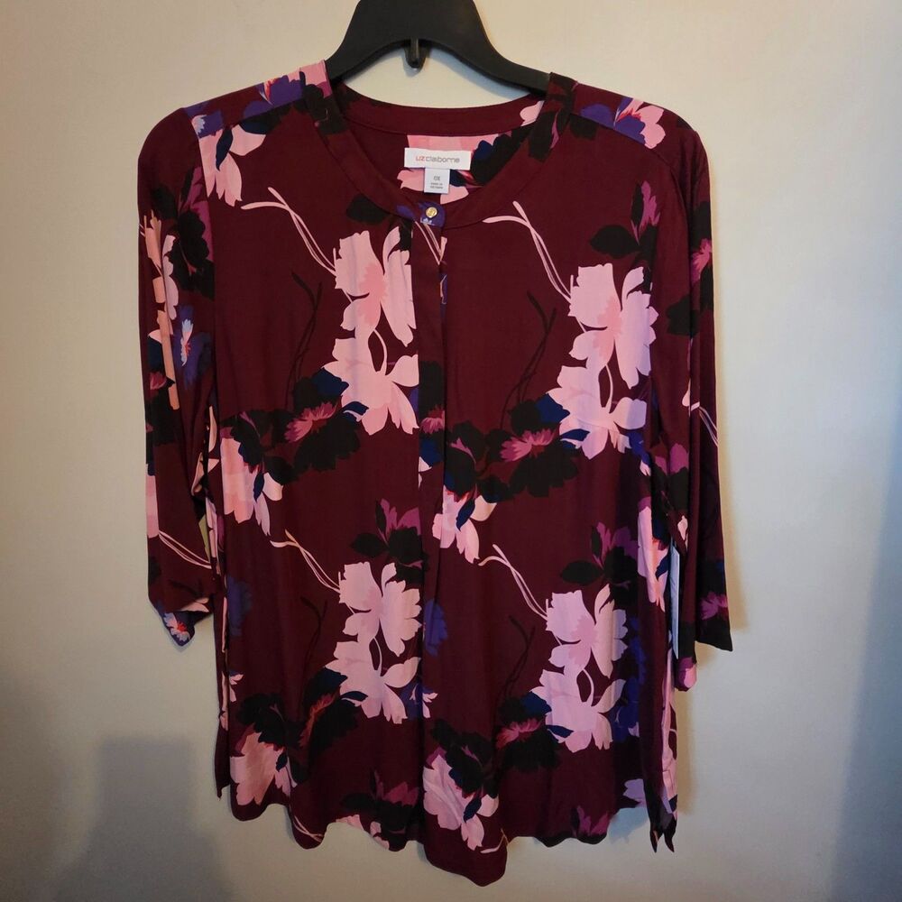 NWT Burgundy Modern Floral Liz Claiborne Button Down Blouse | Women's Size 0X